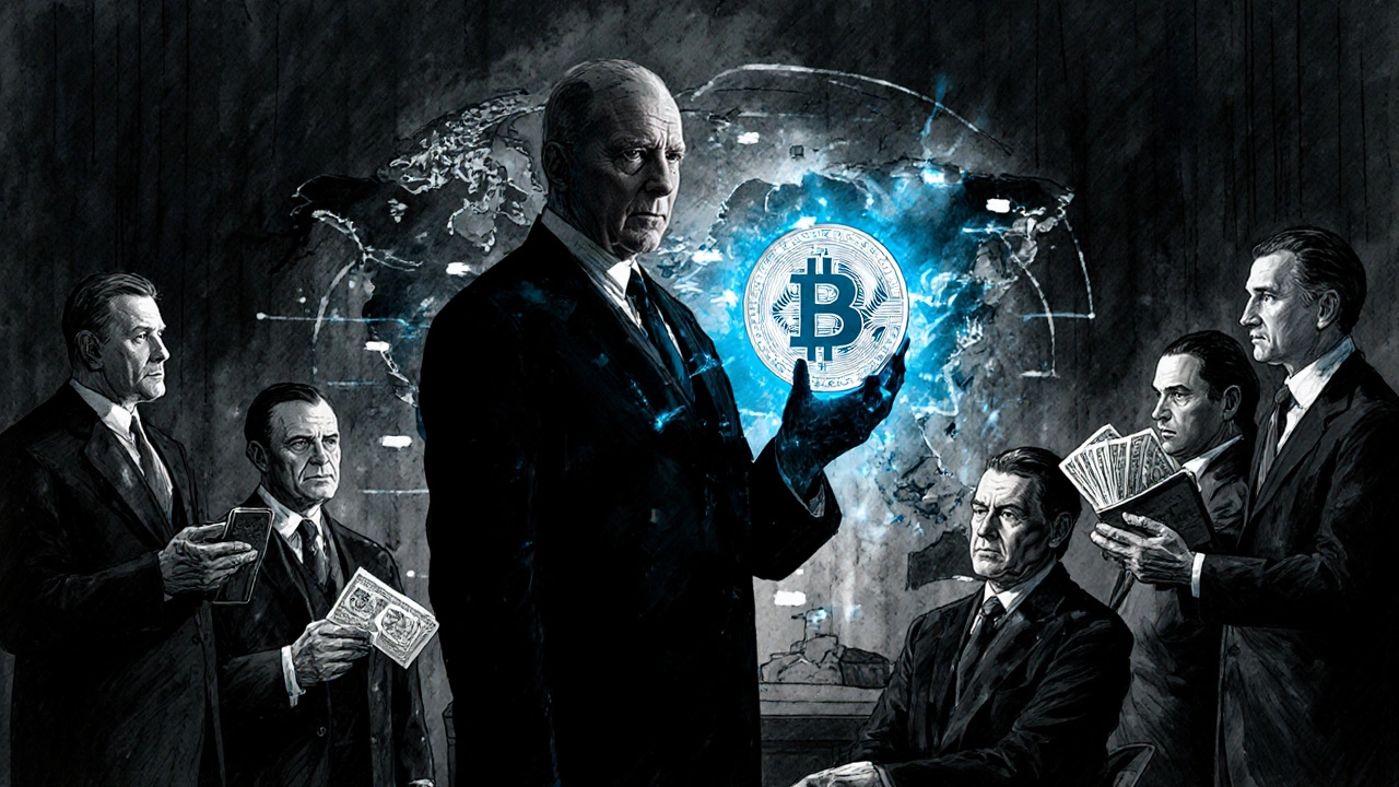 A Federal Reserve official stands before shadowy figures, holding a CBDC coin that illuminates a global payment map.