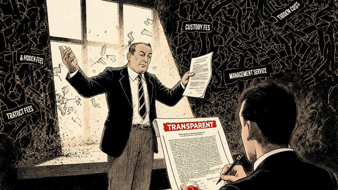 A financial advisor presents a clear contract as hidden fees crumble to dust in the background.