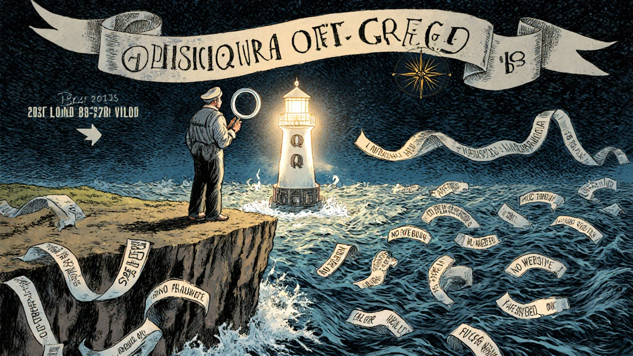 A lone figure holding a magnifying glass over a legitimate stock symbol as other companies sink into the sea.