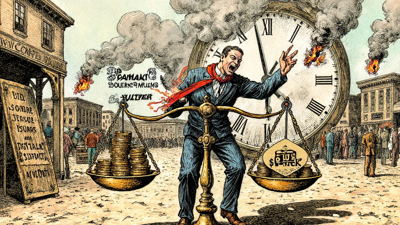 A trader struggling to sell shares across a wide gap between bid and ask prices in a deserted market.