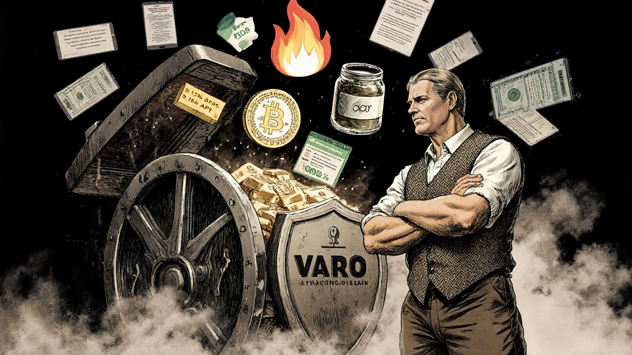 A vault opening to reveal digital finance icons, guarded by a trustworthy banker in a rustic, heroic scene.