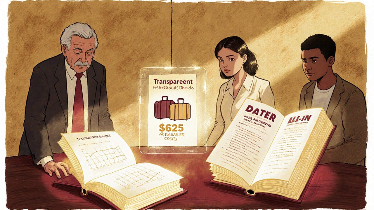 Diverse people examine transparent fee disclosures as glowing books with simple charts and clear numbers.