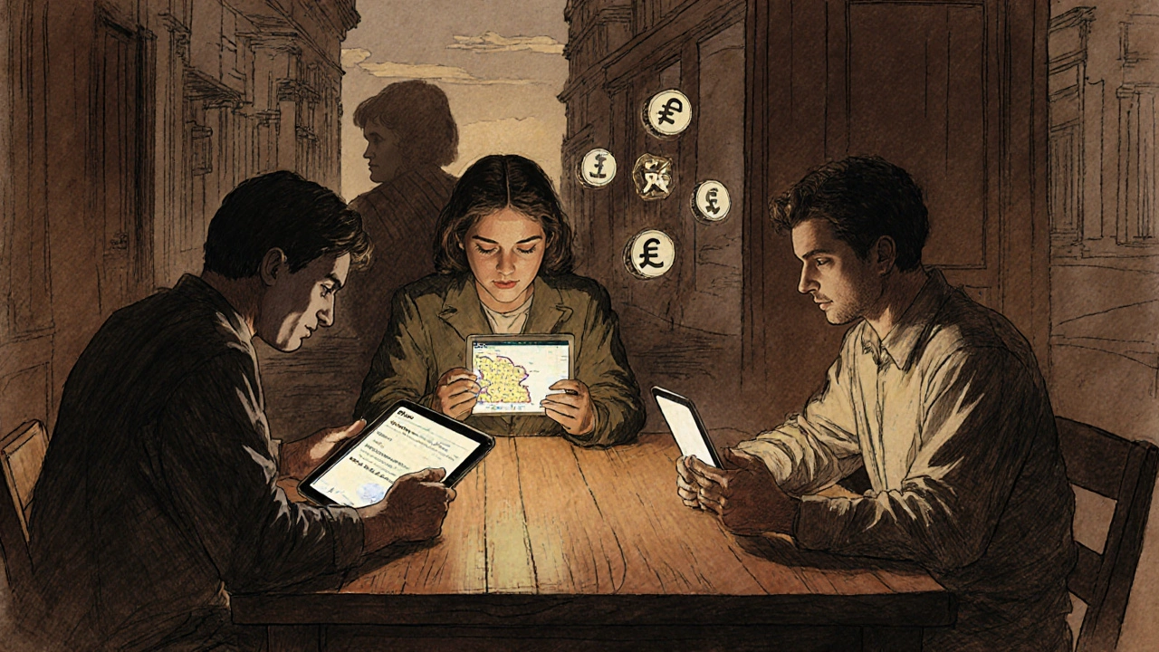 Three people at a kitchen table illuminated by neobank apps at dawn, with fading traditional bank shadows.