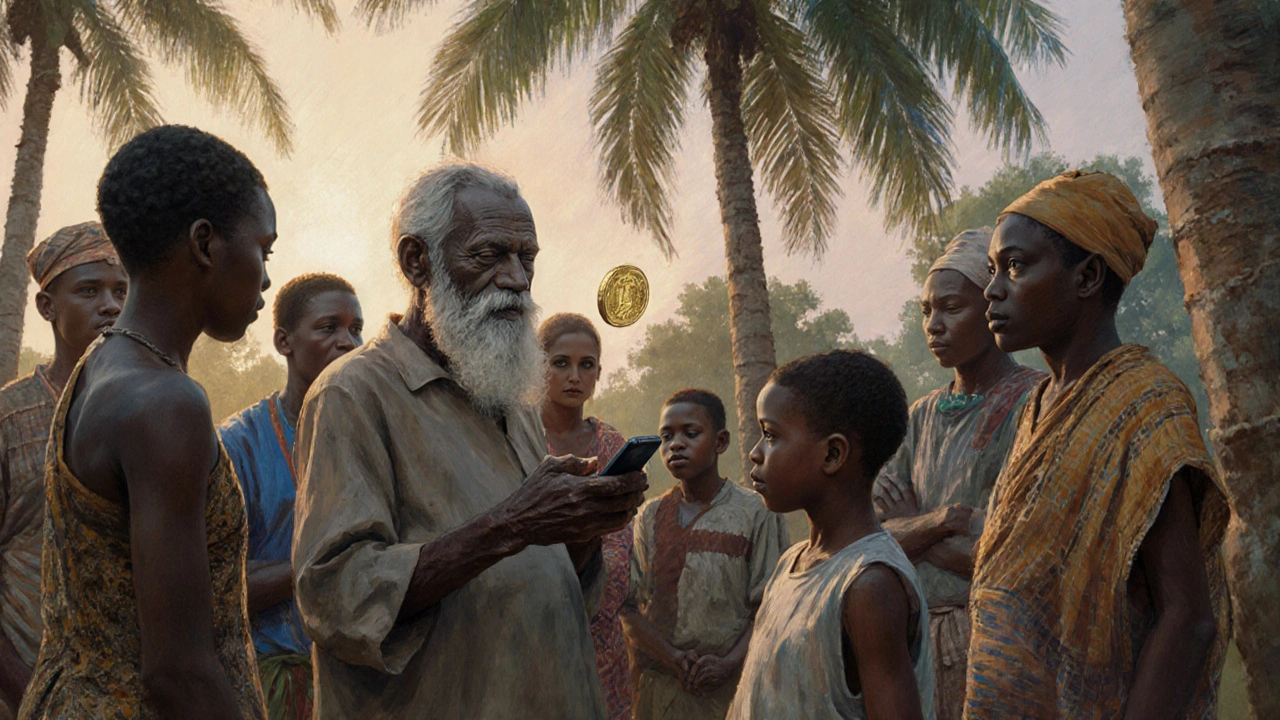 Villagers in Nigeria watch as an elder sends money via a basic phone, a digital coin appearing like magic in the air.