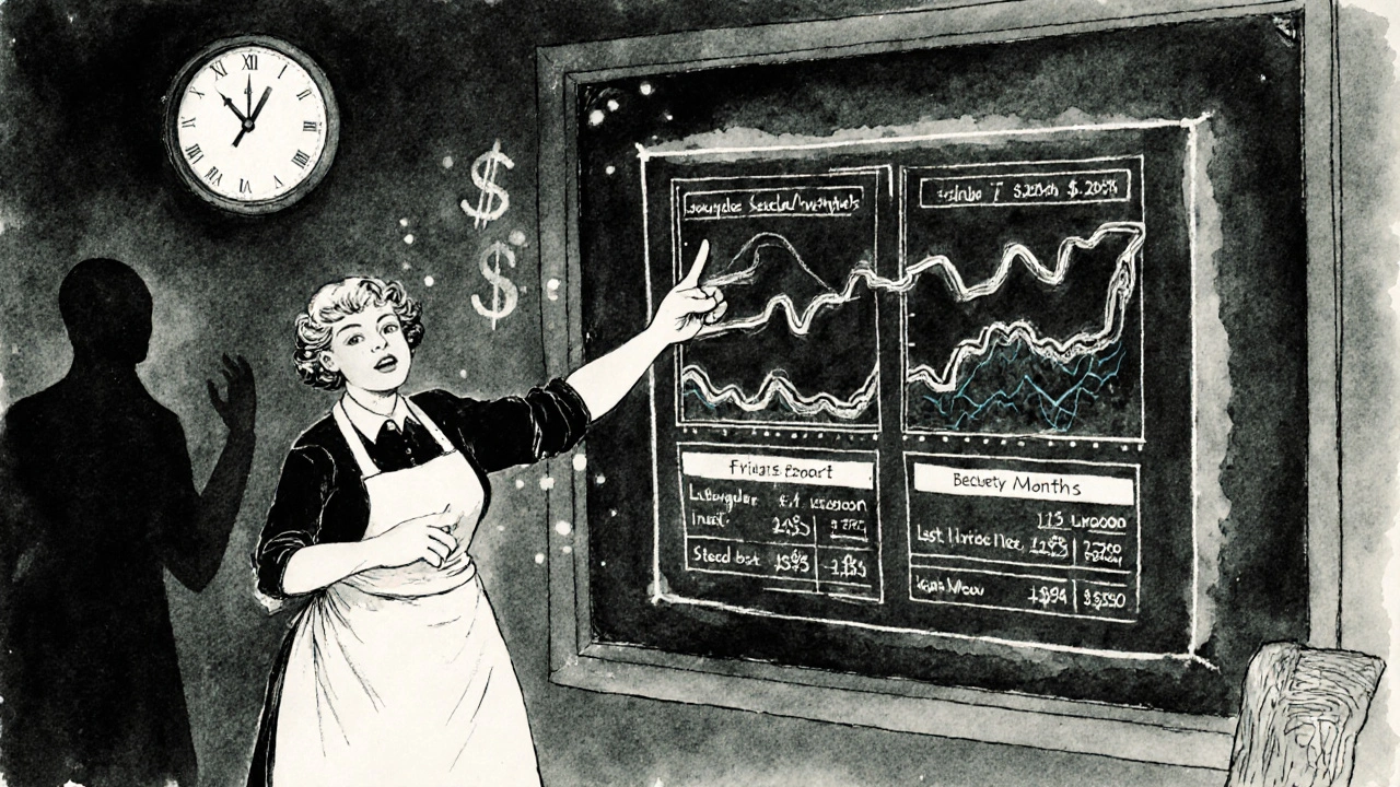 A bakery owner points at a live financial dashboard on a chalkboard as time runs out before payroll.