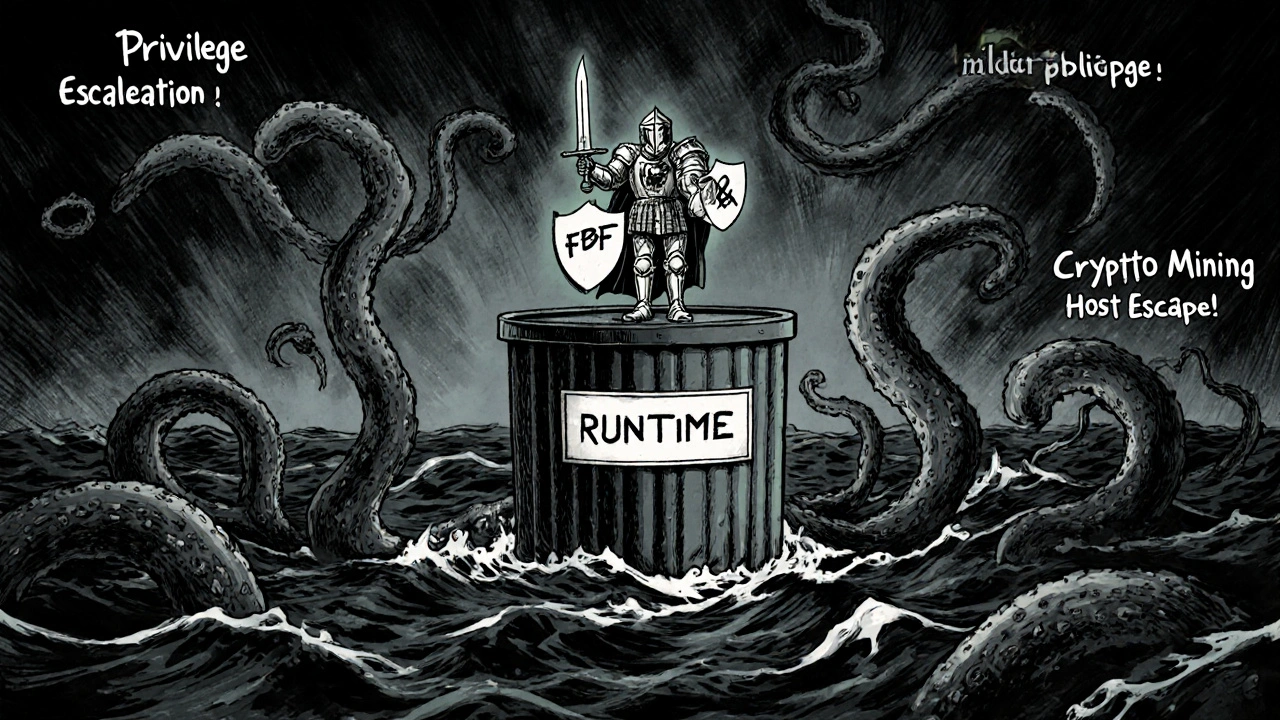 A knight made of digital glyphs defends a container from malicious tentacles in a stormy cyber-ocean.