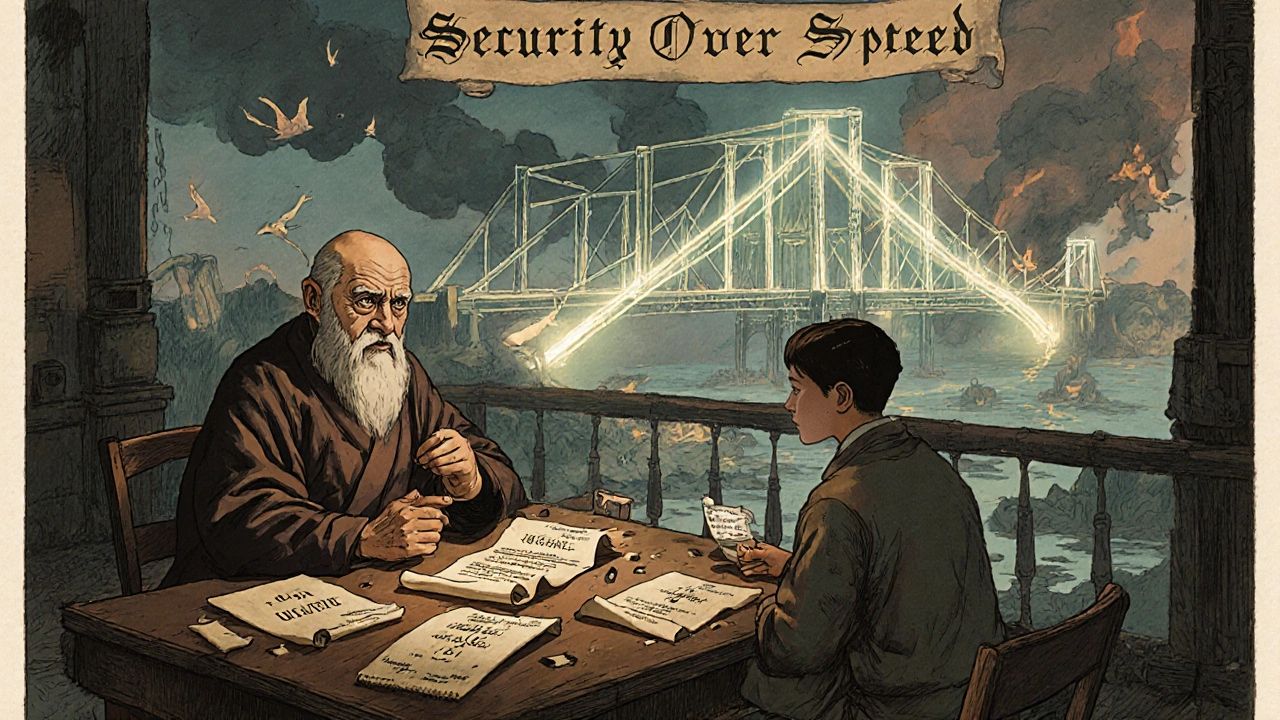 Elder teaching apprentice about secure cross-chain protocols with oracle birds and glowing symbols.