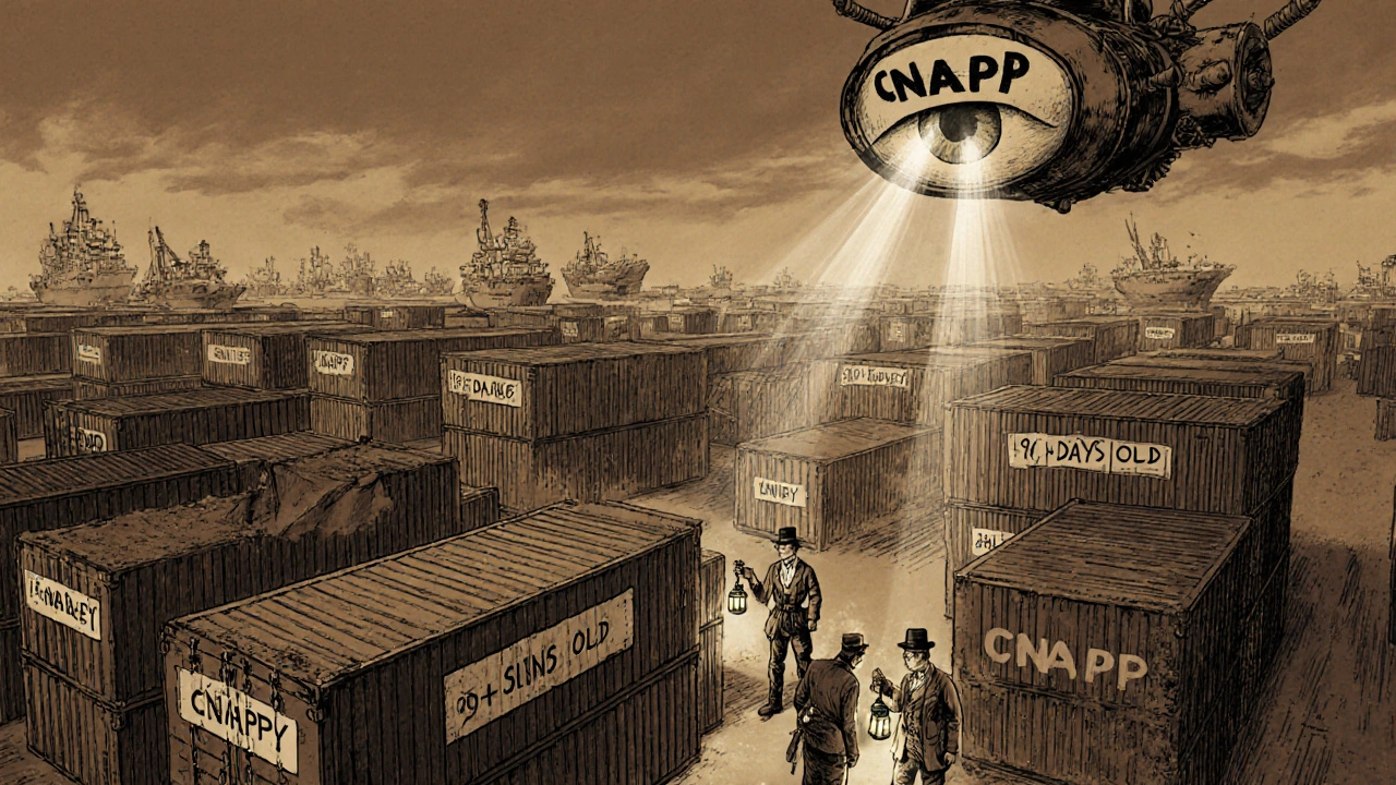 Engineers scan outdated containers at a dock under the watchful eye of a giant security eye.