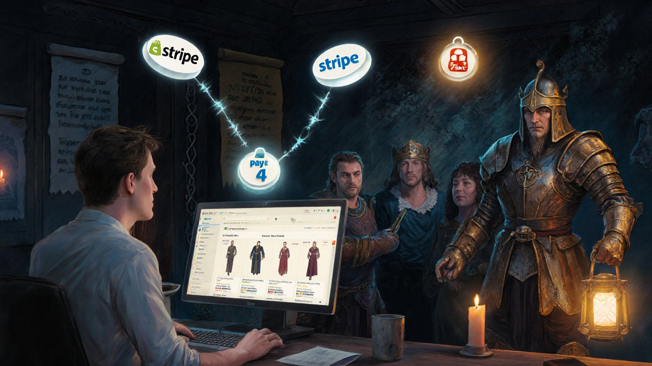 Small business owner seeing digital banking connections as glowing, knight-like figures behind their Shopify screen.