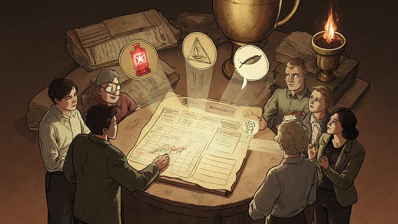 Small business owners gather around a holographic financial forecast, with old ledgers burning in the background.