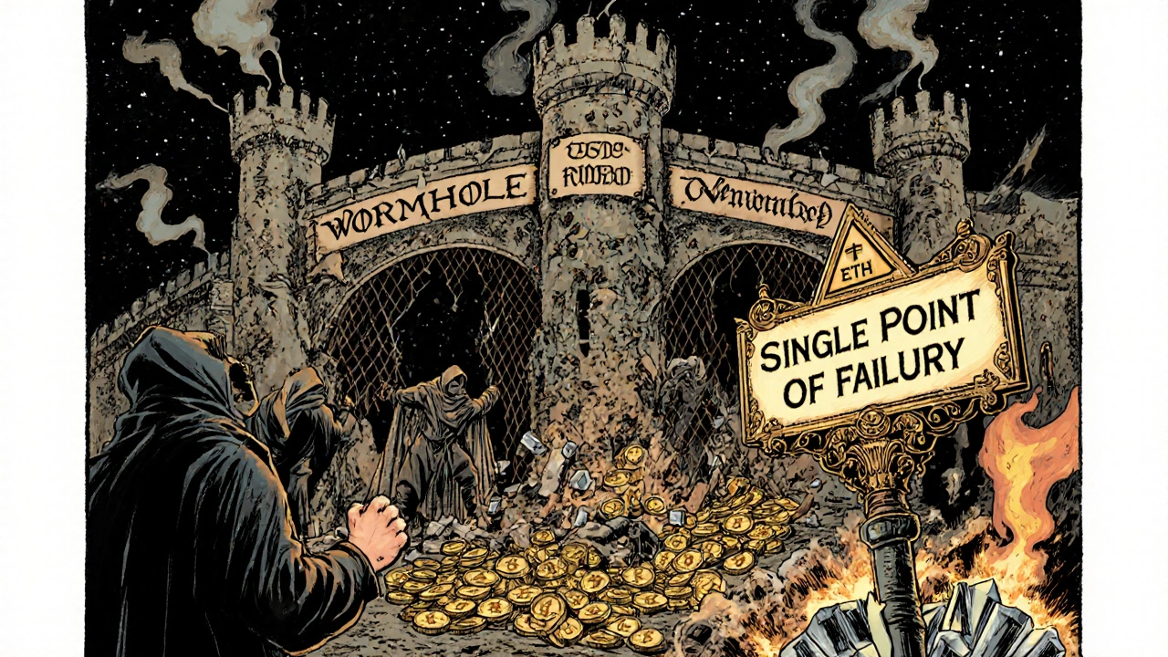 Thieves stealing crypto from a collapsing centralized bridge as a user watches in dismay.