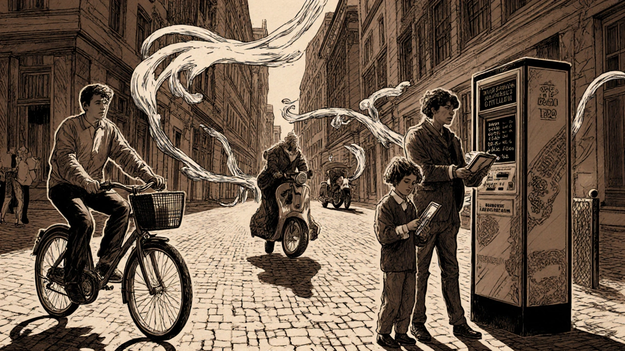 Urban scene showing embedded finance in daily life: scooter payment, flight insurance, clinic payment.