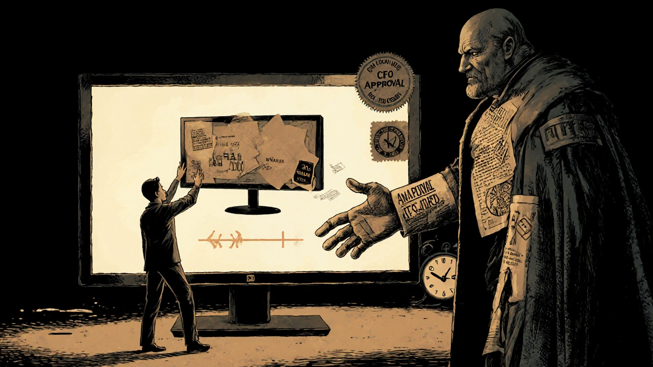 Employee blocked from large purchase by policy guardian figure with approval stamp