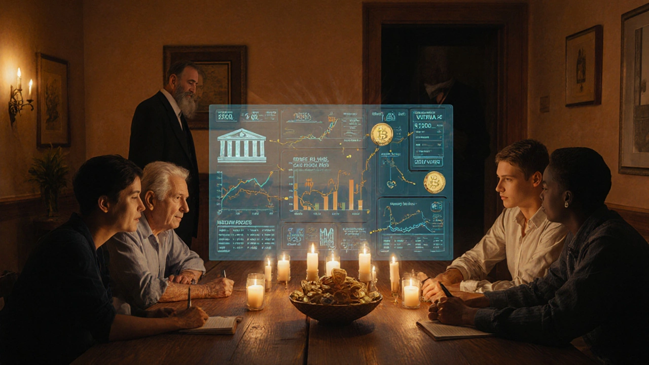 A diverse group gathered around a shared financial dashboard with linked accounts, illuminated by candlelight.