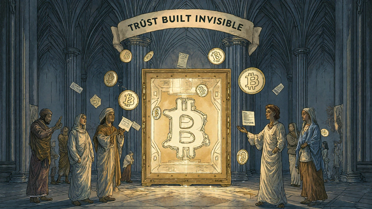 A glowing blockchain identity vault with users sharing verified credentials in a digital cathedral.