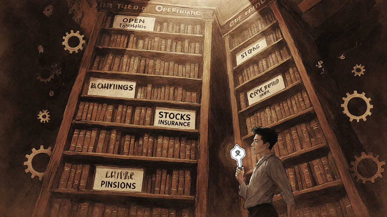 A library shelf labeled 'Open Banking' next to a taller 'Open Finance' shelf with expanding financial categories.