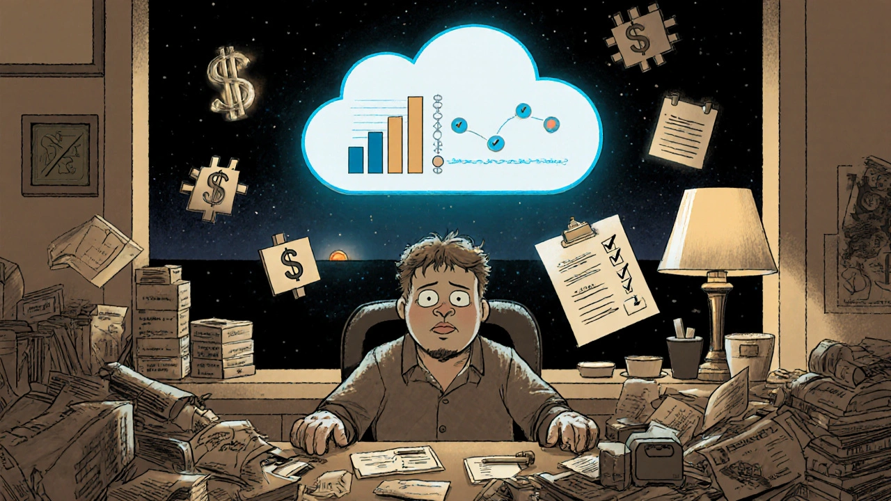 Business owner at night with floating financial data, glowing cloud POS dashboard above, sunrise outside window.