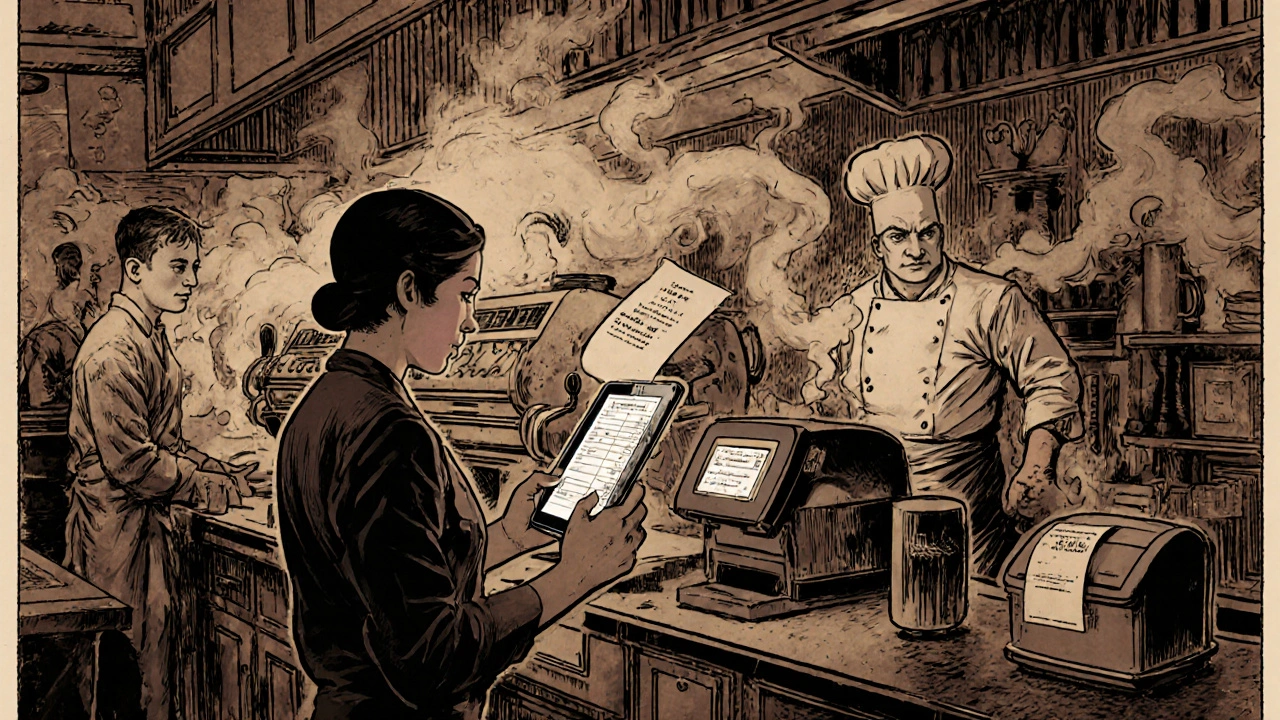 Café server sending orders to kitchen display screen, steam and receipt printer in action, Toast terminal on counter.