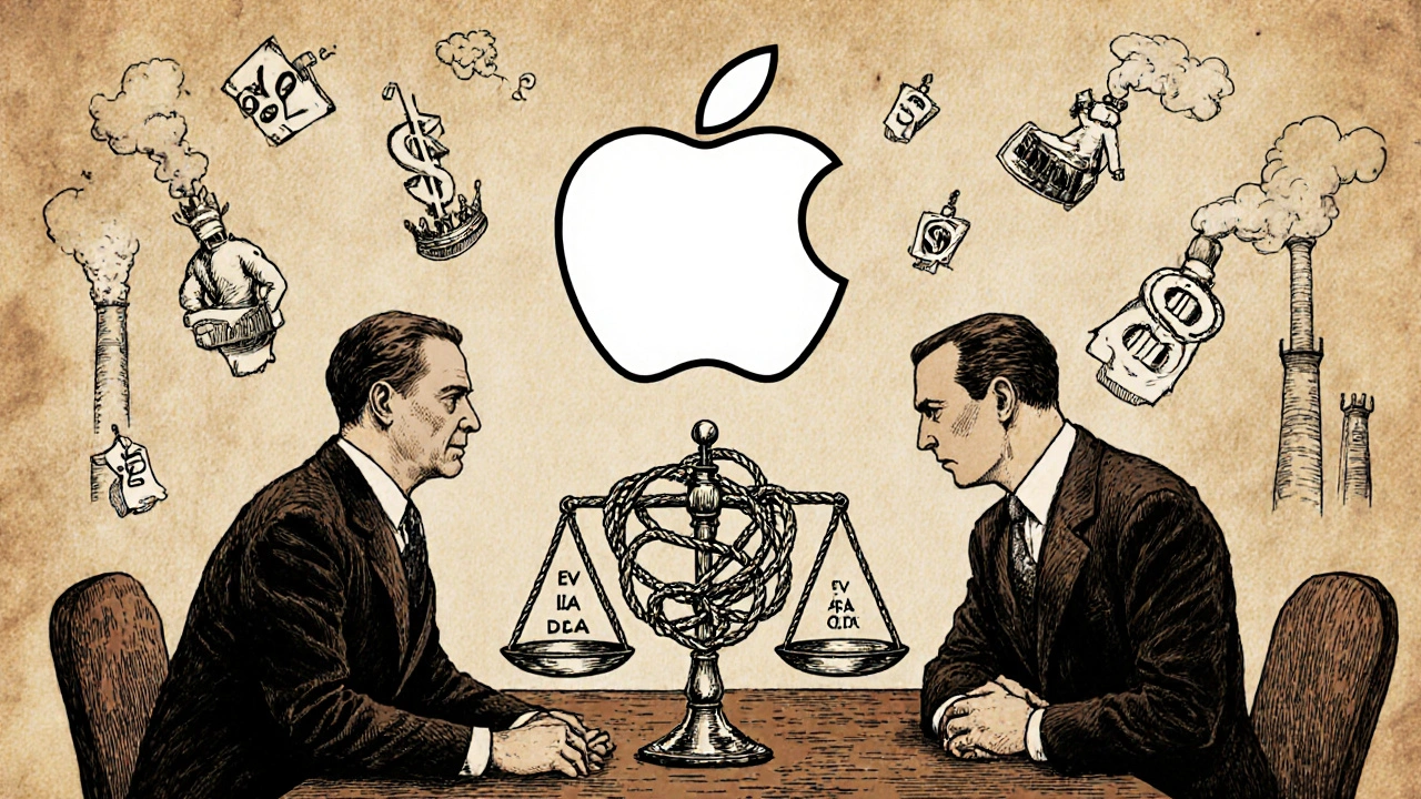 Corporate acquirers weighing EV/EBITDA against debt and cash, Apple logo above, in vintage illustration style.