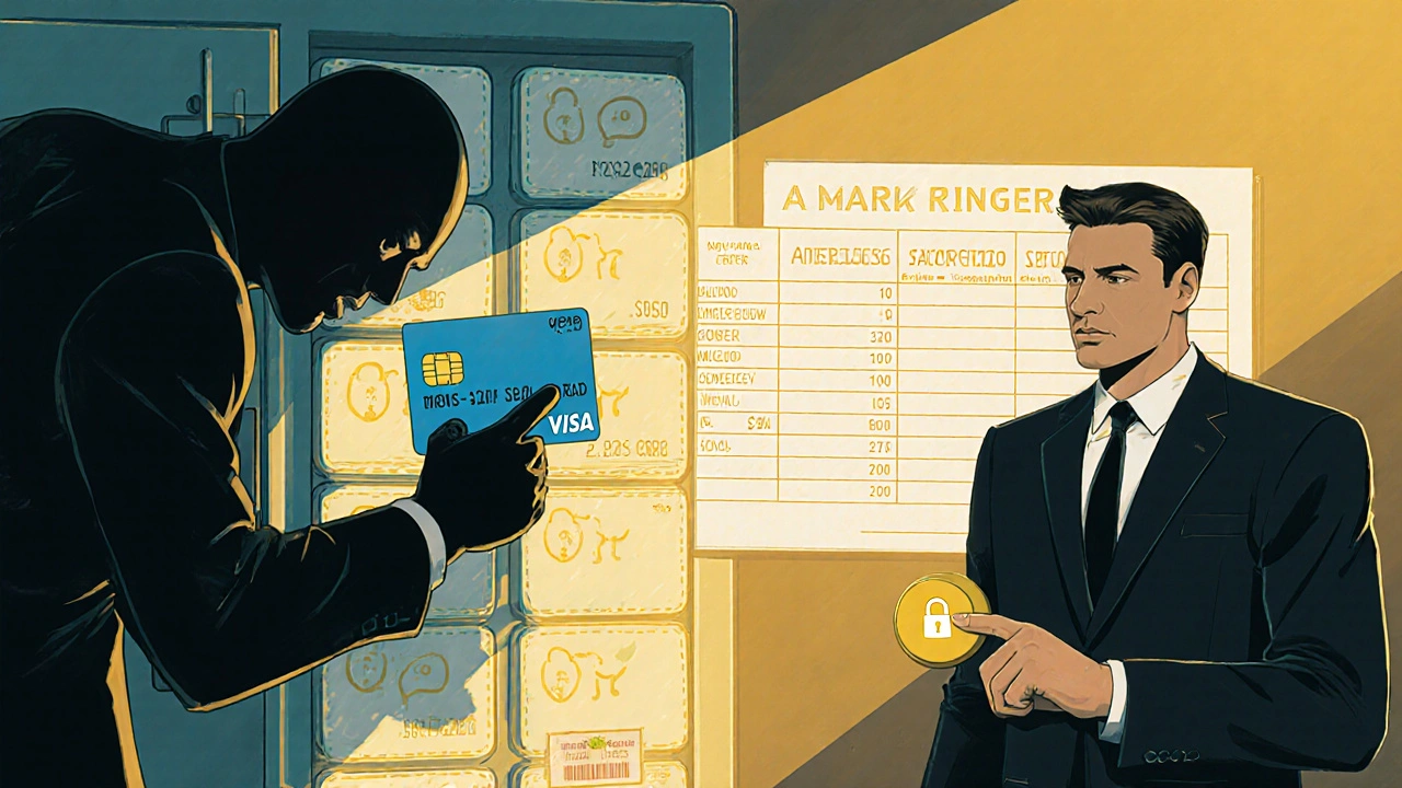 Fraudster blocked by glowing virtual cards with locks, while a businessman freezes one card with calm control.