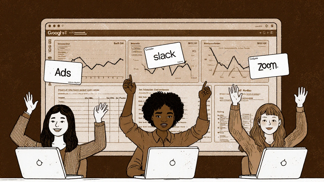 Remote team members each holding virtual cards linked to vendors, with a real-time spending dashboard in the background.