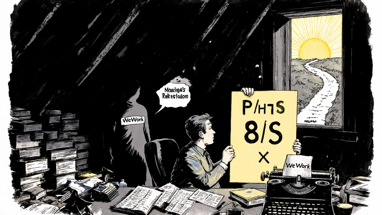 SaaS founder with high P/S ratio as WeWork collapses, sunlit path of customer retention in background.