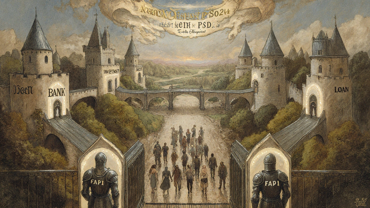 Towering financial institutions connected by glowing bridges guarded by FAPI knights, with users passing through an Open Finance gate.