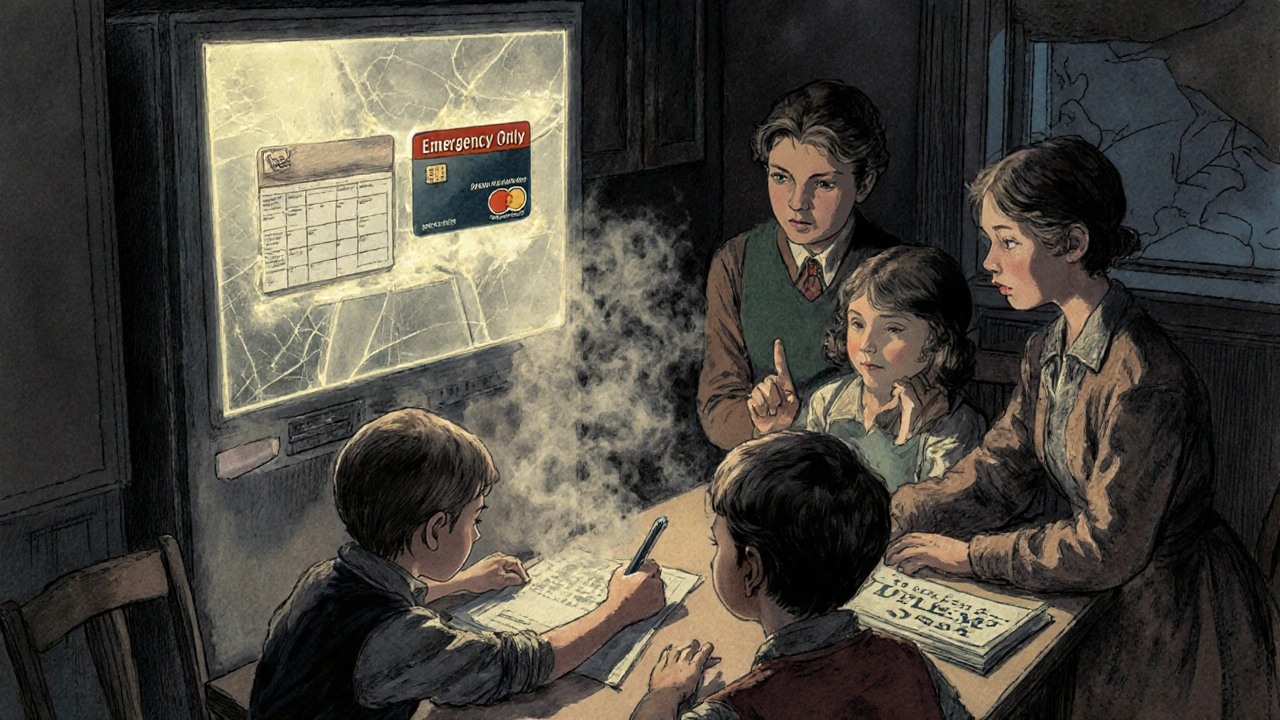 A family at a kitchen table with a floating money market account showing checkbook and debit card access.