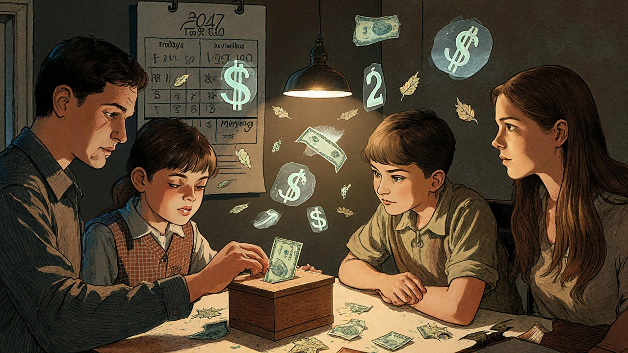 A family places a dollar into a wooden savings box as floating numbers drift above them in a cozy kitchen.