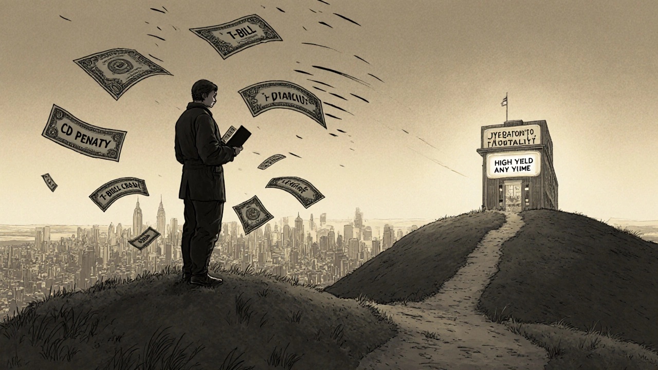 A figure on a hill letting go of risky financial options as a safe savings account glows in the distance.