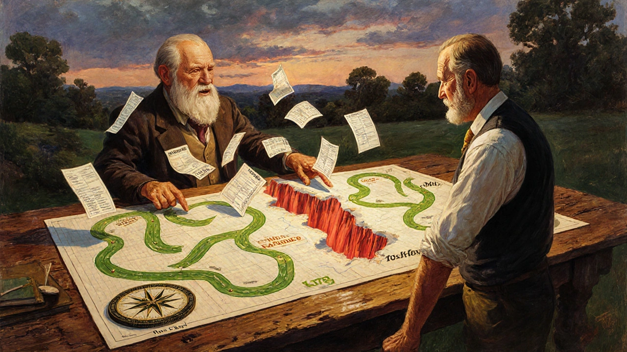 A landscaping owner studies a forecast map with green payment paths leading to a red expense canyon, guided by an accountant.