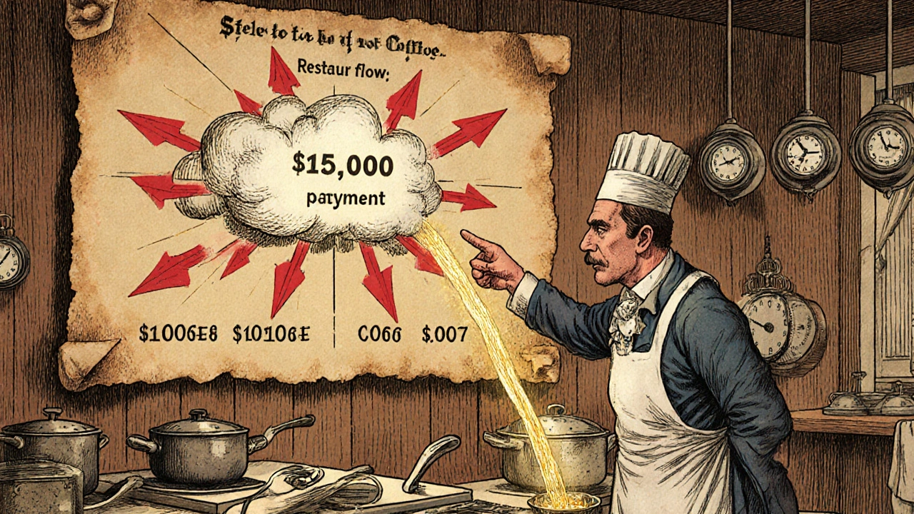 A restaurant owner points at a parchment dashboard as a golden payment stream flows in, warning arrows loom nearby.