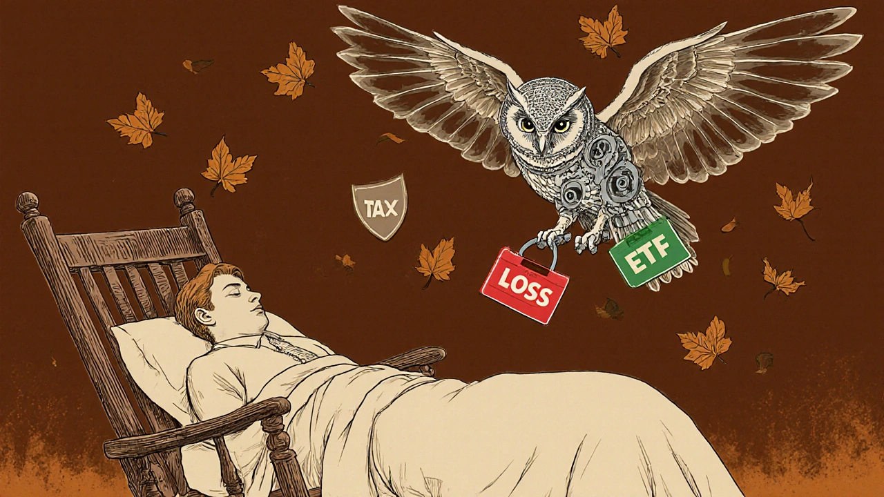 A sleeping investor watched over by a mechanical owl performing tax-loss harvesting with golden dollar signs drifting like leaves.