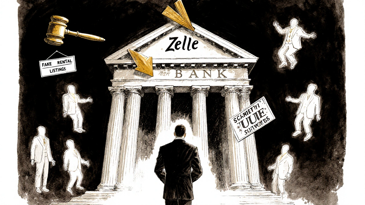 A victim faces a bank building with Zelle's logo as ghostly scammers float around in a moral courtroom.