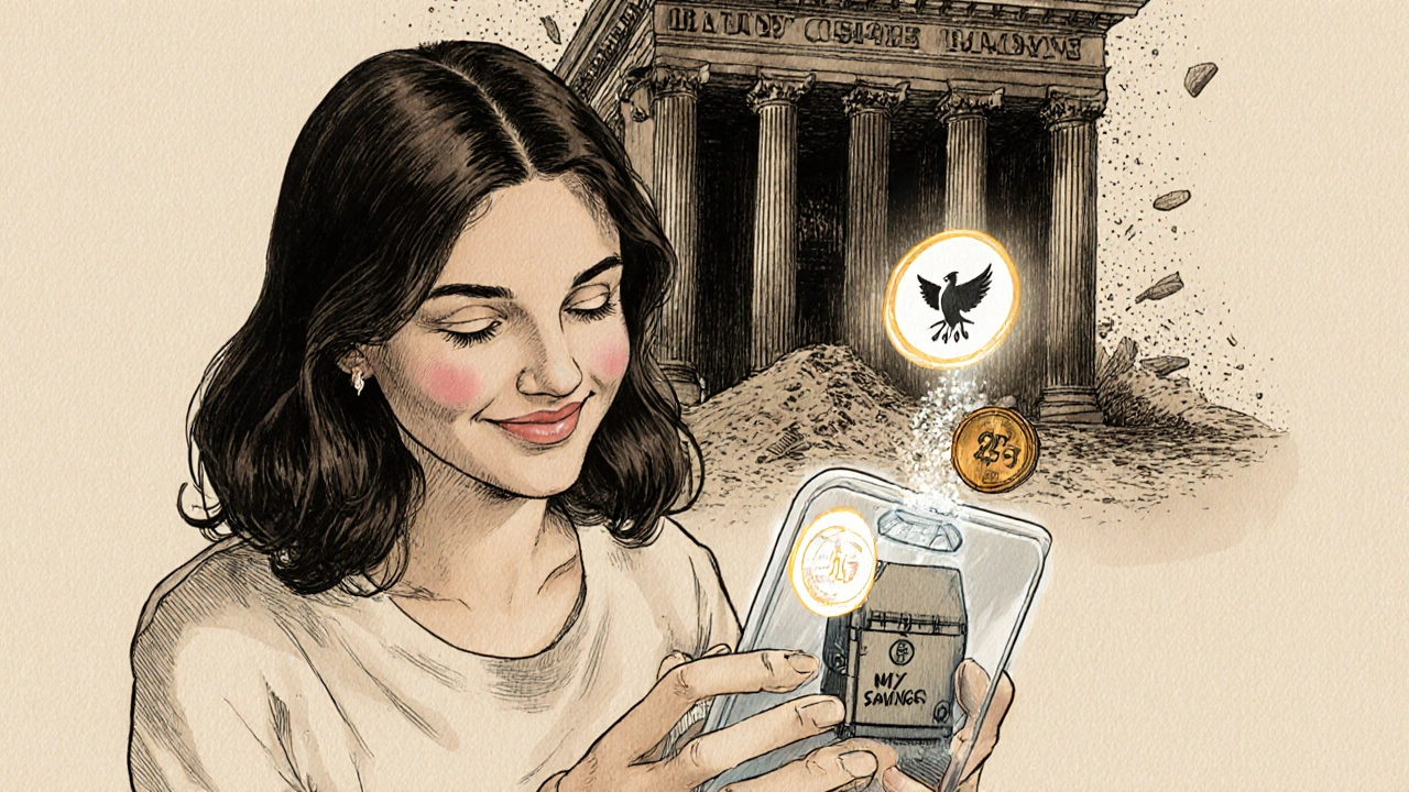 A woman watches a coffee purchase turn into a savings coin flying into a vault as a traditional bank crumbles.