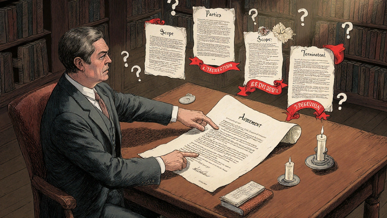 Advisor explaining a contract with five illustrated sections floating above the document.