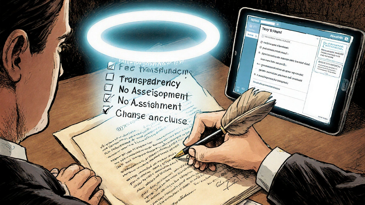 Client revising a contract while a glowing checklist of legal requirements shines above.