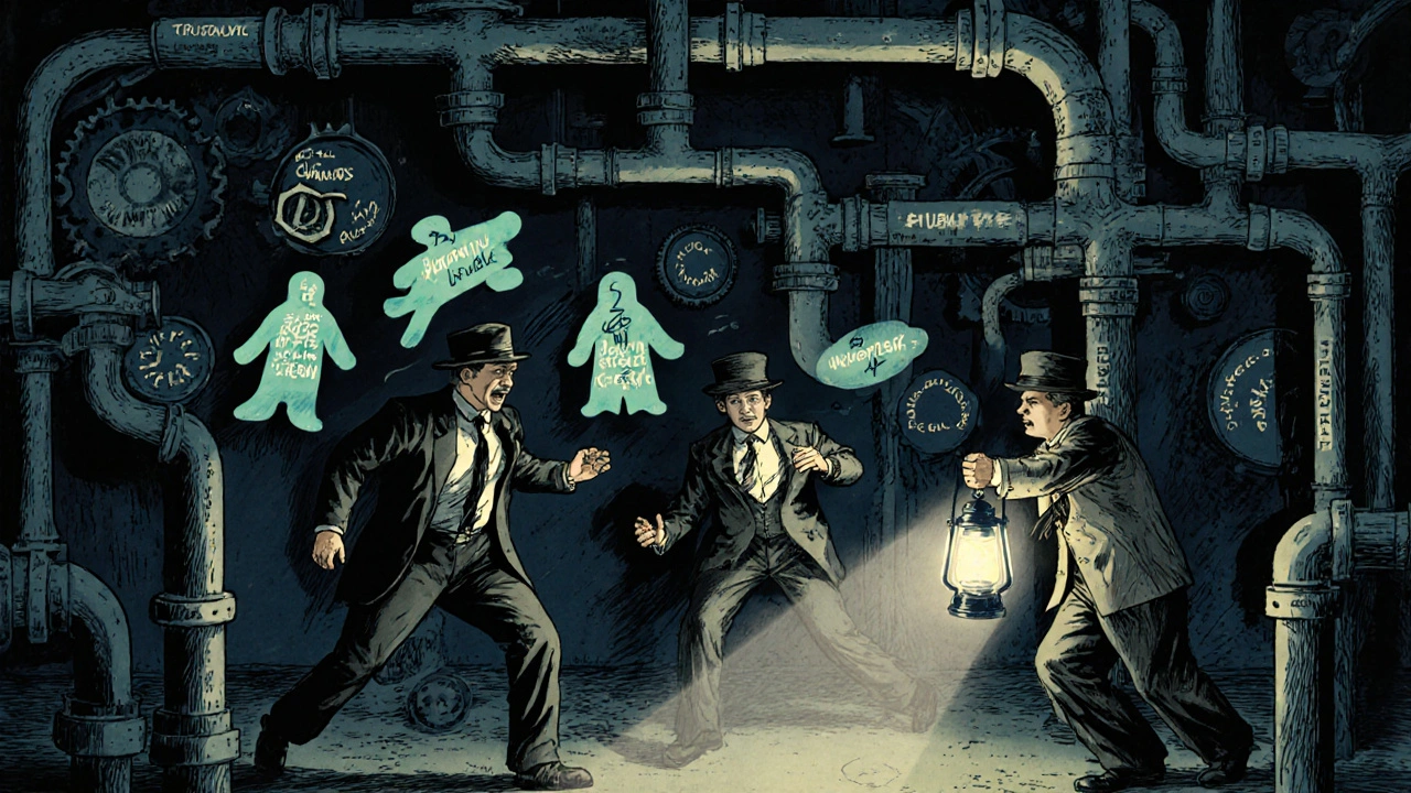 Compliance team chasing ghostly false alerts through a maze of regulatory technology gears.