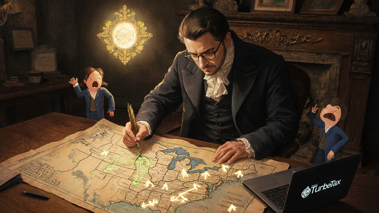 CPA using a compass and parchment map to plot tax strategies across properties and crypto accounts in vintage illustration style.