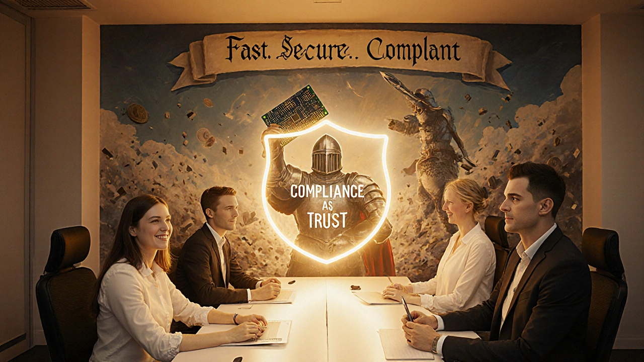 Employees and customers thriving under a glowing compliance system, symbolizing trust and efficiency.