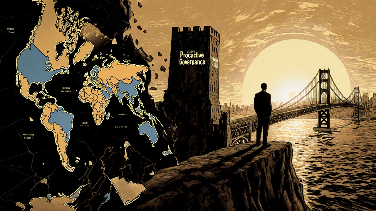 Founder standing on cliff as old compliance tower collapses, new bridge of governance leads to sunrise.