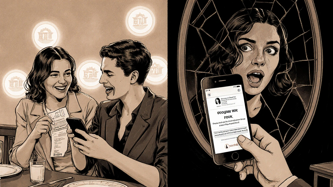 Split scene: friends sharing a meal with Zelle vs. a woman deceived by a fake payment screenshot.