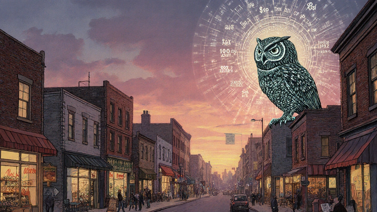 A city of small businesses glows with data auras under the watchful eye of a parchment-and-circuit owl.