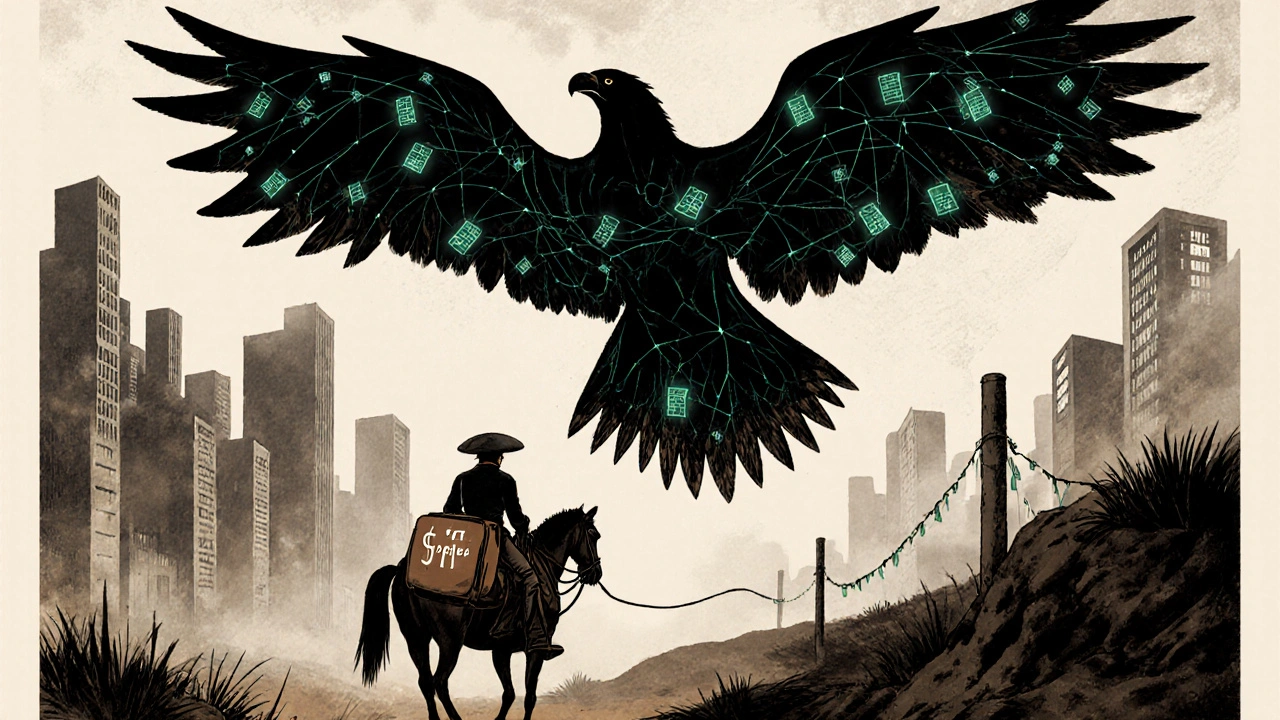 A courier carries crypto funds across a border as a spectral FATF eagle observes financial networks above.
