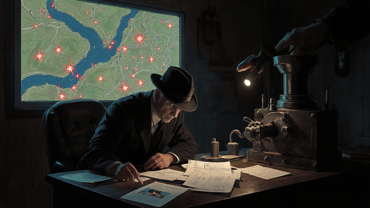 A detective examines evidence of deepfake fraud as an AI screen reveals red flags among thousands of claims.