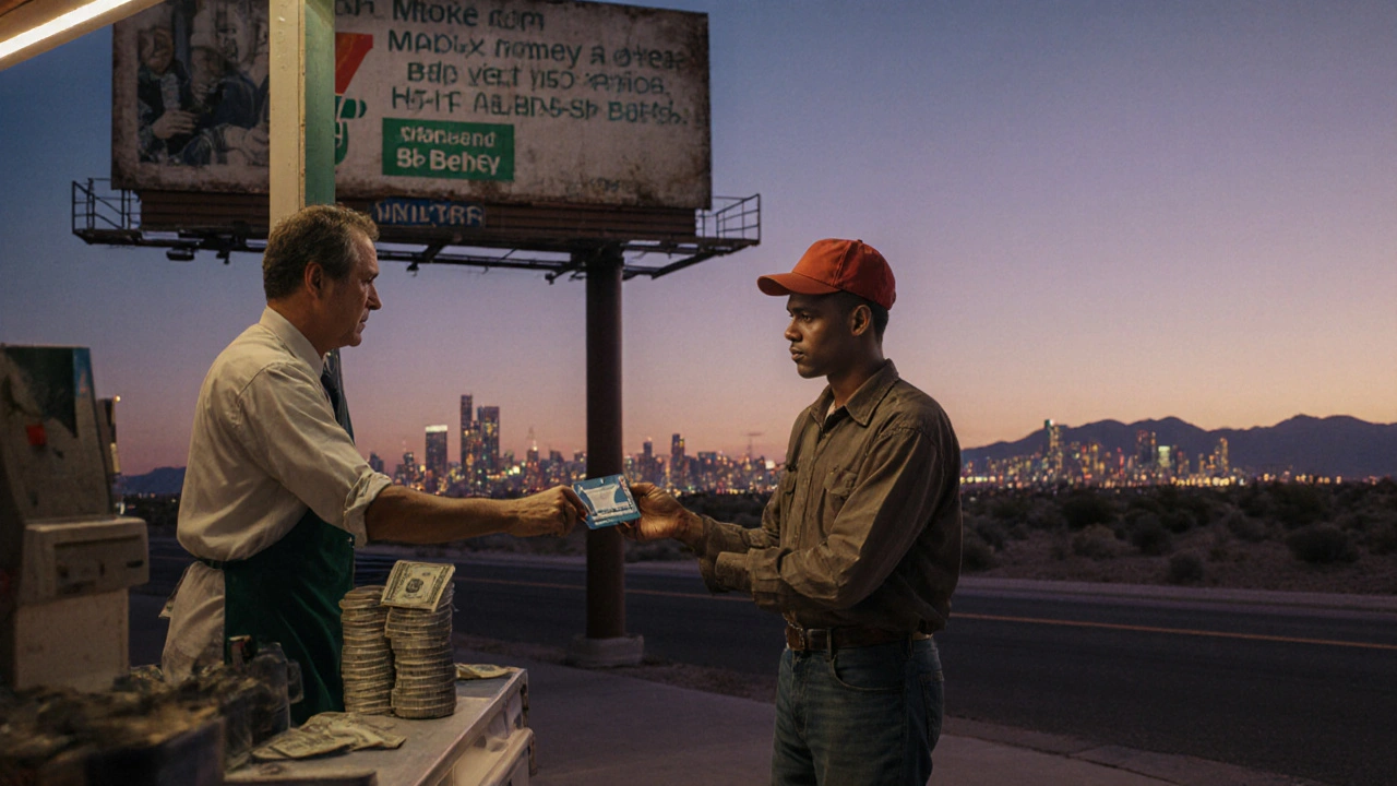 A gig worker loading cash onto a prepaid card at a 7-Eleven at dusk.