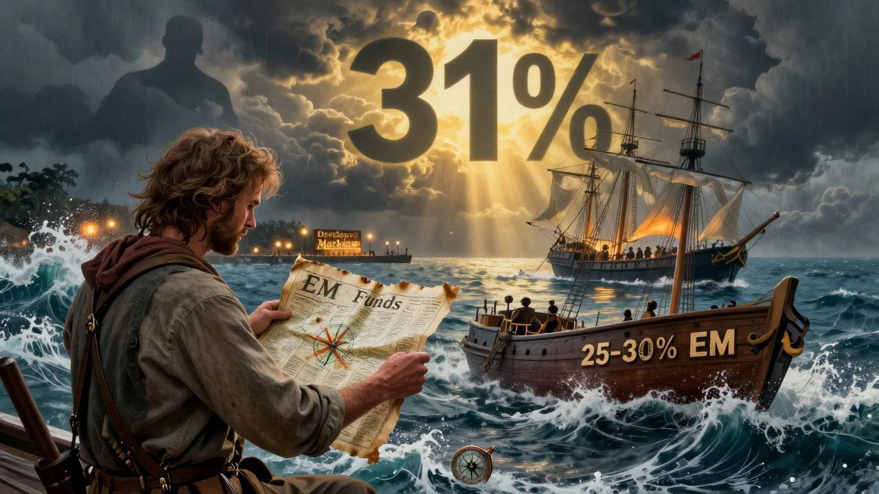 A sailor stranded in a storm labeled &#039;EM Funds&#039; while a safe harbor labeled &#039;Developed Markets&#039; glows in the distance, with China&#039;s shadow looming above.