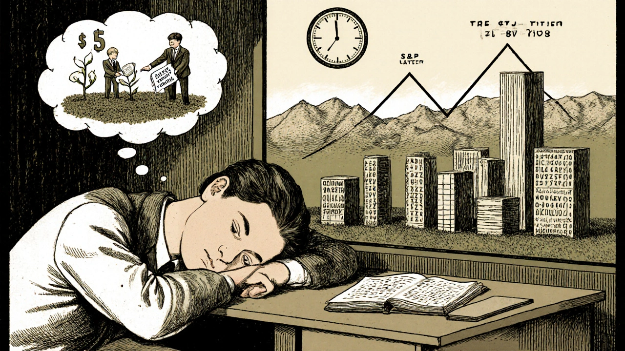 A sleeping student dreams of  weekly seeds growing into skyscrapers shaped like stock graphs.