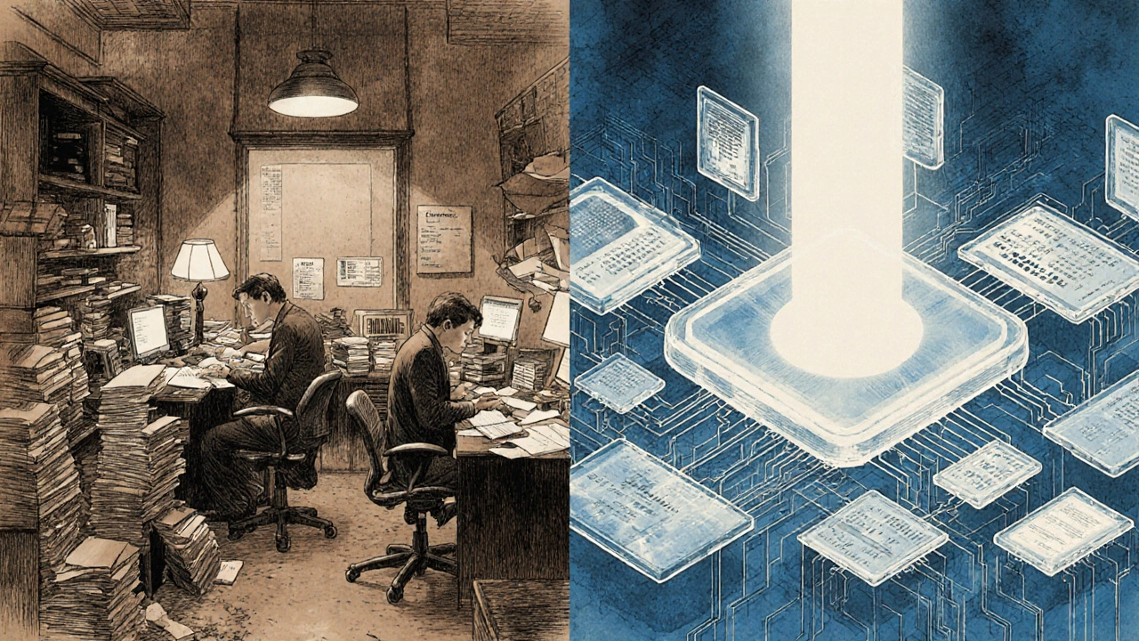 A split scene contrasts 1990s paper-based lending with modern AI-driven finance, rendered in Howard Pyle’s illustrative style.