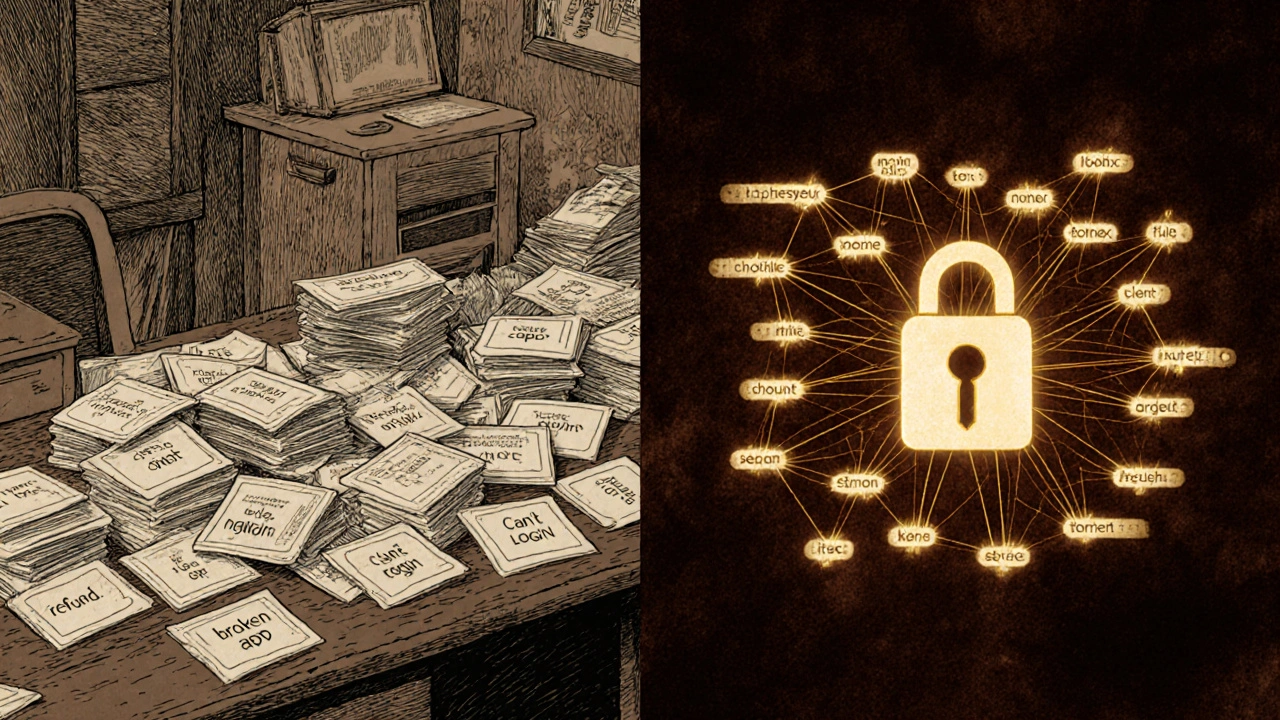 A split scene showing chaotic paper tickets transforming into a neural network of customer intent.
